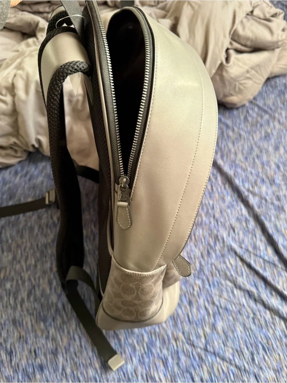 Coach Gray Signature Canvas Backpack with Yellow and Cream Stripes